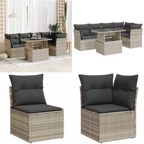 Set Divano da Giardino 6pz con Cuscini Grigio Chiaro Polyrattan - Sedute da esterno - Tavolo da giardino