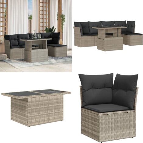 Set Divano da Giardino 6pz con Cuscini Grigio Chiaro Polyrattan - Sedute da esterno - Tavolo da giardino