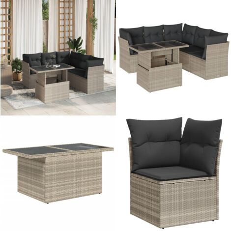 Set Divano da Giardino 6pz con Cuscini Grigio Chiaro Polyrattan - Sedute da esterno - Tavolo da giardino