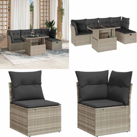 Set Divano da Giardino 6pz con Cuscini Grigio Chiaro Polyrattan - Sedute da esterno - Tavolo da giardino