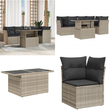 Set Divano da Giardino 6pz con Cuscini Grigio Chiaro Polyrattan - Sedute da esterno - Tavolo da giardino