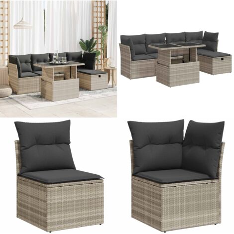 Set Divano da Giardino 6pz con Cuscini Grigio Chiaro Polyrattan - Sedute da giardino - Tavolo da giardino