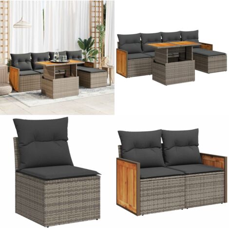 Set Divano da Giardino 6pz con Cuscini Grigio Polyrattan Acacia - Seduta da giardino - Poltrona da giardino