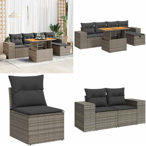 Set Divano da Giardino 6pz con Cuscini Grigio Polyrattan Acacia - Sedute da esterno - Poltrone da giardino