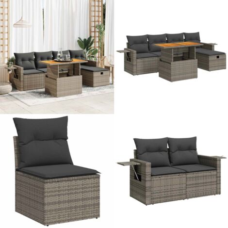 Set Divano da Giardino 6pz con Cuscini Grigio Polyrattan Acacia - Sedute da giardino - Poltrone da giardino