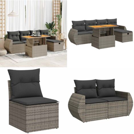 Set Divano da Giardino 6pz con Cuscini Grigio Polyrattan Acacia - Sedute da giardino - Poltrone da giardino