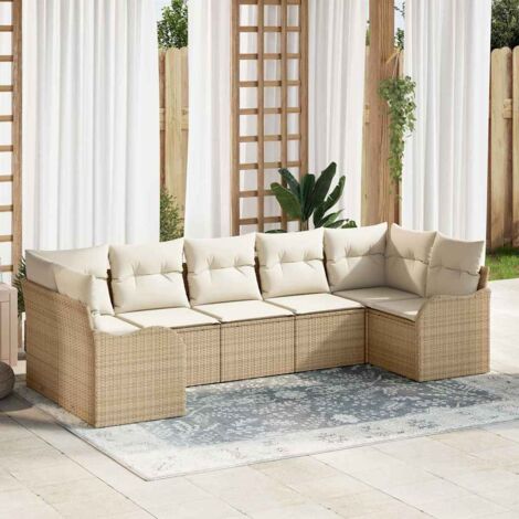 Set Divano da Giardino 7 pcs Beige e bianco Poly Rattan vidaXL