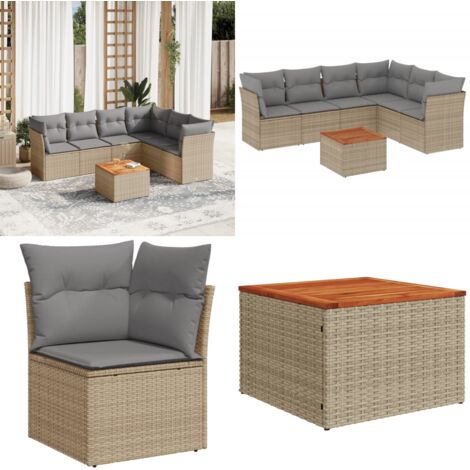 Set Divano da Giardino 7 pz con Cuscini Beige Misto Polyrattan - Sedute da giardino - Tavolo da giardino