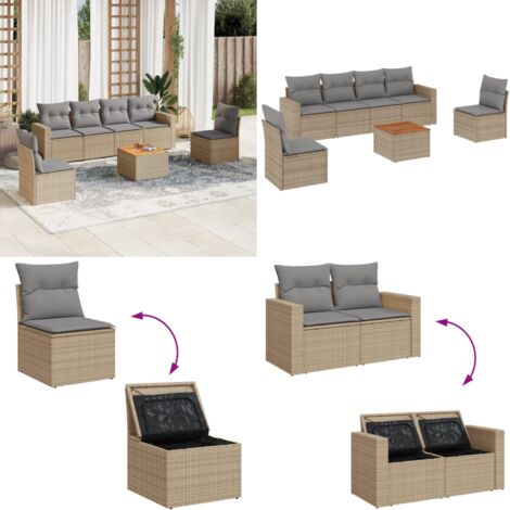 Set Divano da Giardino 7 pz con Cuscini Beige Misto Polyrattan - Sedute da giardino - Tavolo da giardino