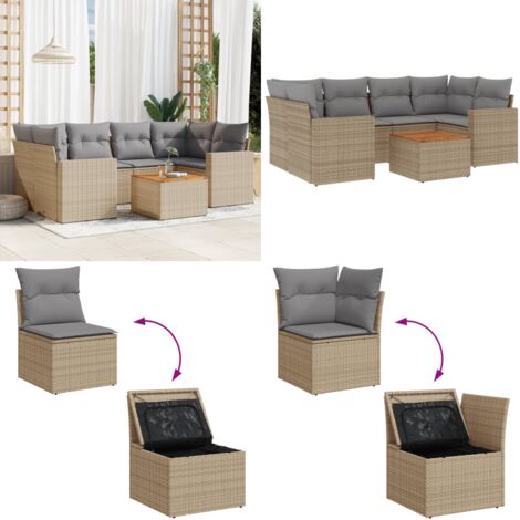 Set Divano da Giardino 7 pz con Cuscini Beige Misto Polyrattan - Sedute da giardino - Tavolo da giardino