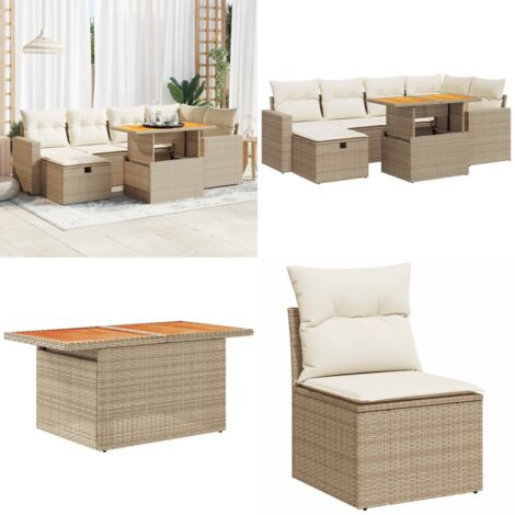 Set Divano da Giardino 8 pz con Cuscini Beige Polyrattan Acacia - Sedute da giardino - Tavolo da giardino