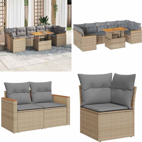 Set Divano da Giardino 8 pz con Cuscini Beige Polyrattan Acacia - Sedute da giardino - Tavolo da giardino