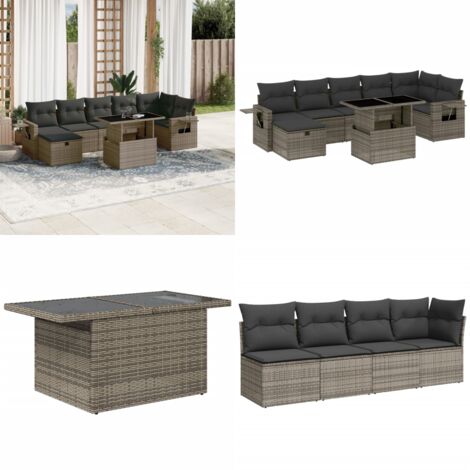 Set Divano da Giardino 8 pz con Cuscini Grigio in Polyrattan - Seduta angolare - Tavolo da giardino