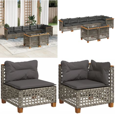 Set Divano da Giardino 8 pz con Cuscini Grigio in Polyrattan - Sedute angolari - Cuscini da seduta