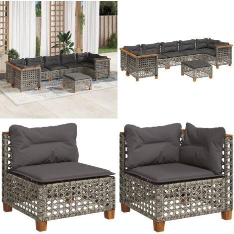 Set Divano da Giardino 8 pz con Cuscini Grigio in Polyrattan - Sedute angolari - Cuscini per seduta