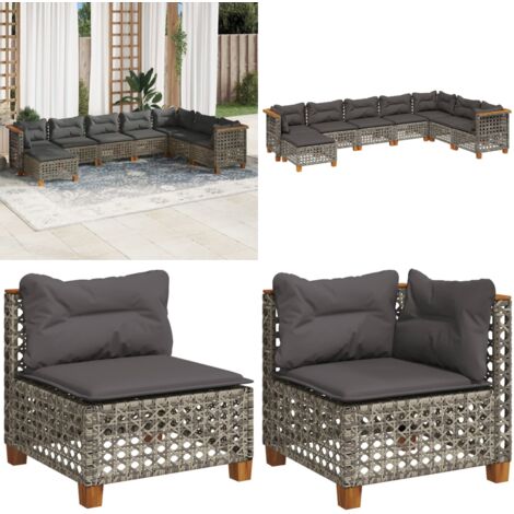 Set Divano da Giardino 8 pz con Cuscini Grigio in Polyrattan - Sedute angolari - Sedute centrali