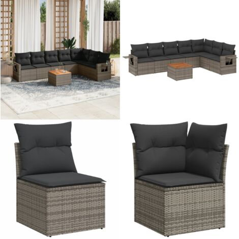 Set Divano da Giardino 8 pz con Cuscini Grigio in Polyrattan - Sedute da esterno - Tavolo da giardino