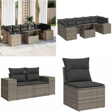 Set Divano da Giardino 8 pz con Cuscini Grigio in Polyrattan - Sedute da esterno - Tavolo da giardino