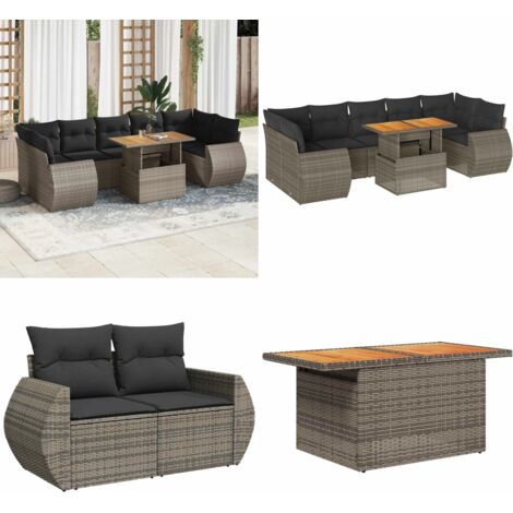 Set Divano da Giardino 8 pz con Cuscini Grigio in Polyrattan - Sedute da esterno - Tavolo da giardino