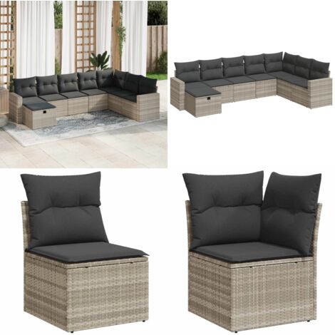 Set Divano da Giardino 8pz con Cuscini Grigio Chiaro Polyrattan - Poltrona da giardino - Cuscini da giardino
