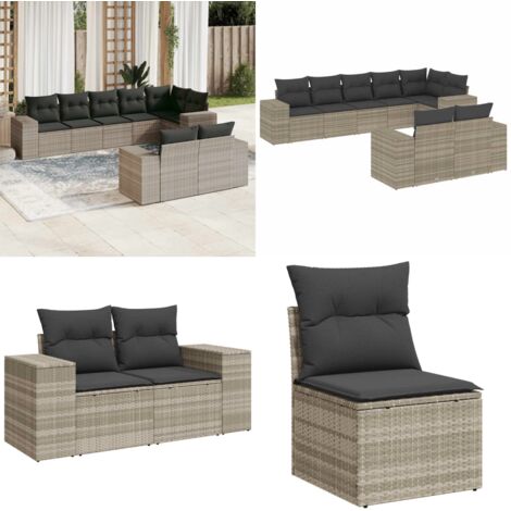Set Divano da Giardino 8pz con Cuscini Grigio Chiaro Polyrattan - Poltrona da giardino - Cuscino da seduta