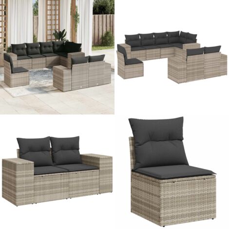 Set Divano da Giardino 8pz con Cuscini Grigio Chiaro Polyrattan - Poltrona da giardino - Cuscino da seduta