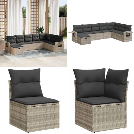 Set Divano da Giardino 8pz con Cuscini Grigio Chiaro Polyrattan - Poltrona da giardino - Seduta da giardino