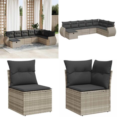 Set Divano da Giardino 8pz con Cuscini Grigio Chiaro Polyrattan - Poltrona da giardino - Seduta da giardino