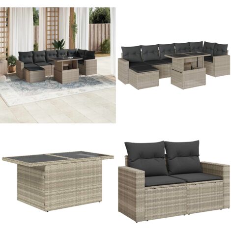 Set Divano da Giardino 8pz con Cuscini Grigio Chiaro Polyrattan - Poltrona da giardino - Tavolo da giardino
