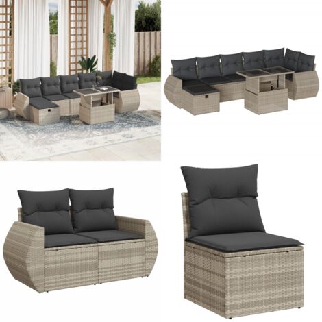 Set Divano da Giardino 8pz con Cuscini Grigio Chiaro Polyrattan - Poltrona da giardino - Tavolo da giardino