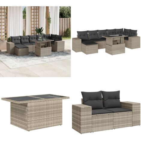 Set Divano da Giardino 8pz con Cuscini Grigio Chiaro Polyrattan - Poltrona da giardino - Tavolo da giardino