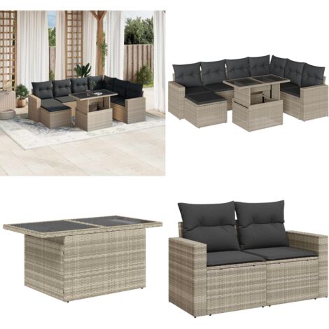 Set Divano da Giardino 8pz con Cuscini Grigio Chiaro Polyrattan - Poltrona da giardino - Tavolo da giardino
