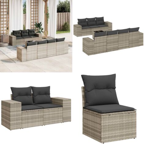 Set Divano da Giardino 8pz con Cuscini Grigio Chiaro Polyrattan - Poltrona da giardino - Tavolo da giardino