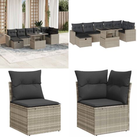 Set Divano da Giardino 8pz con Cuscini Grigio Chiaro Polyrattan - Poltrona da giardino - Tavolo da giardino