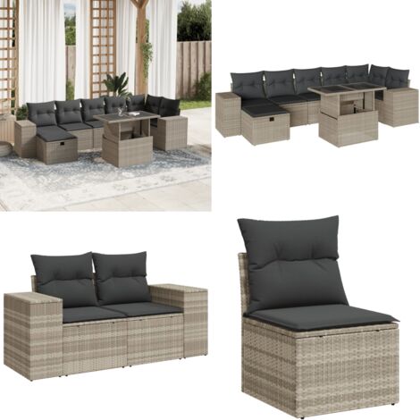 Set Divano da Giardino 8pz con Cuscini Grigio Chiaro Polyrattan - Poltrona da giardino - Tavolo da giardino