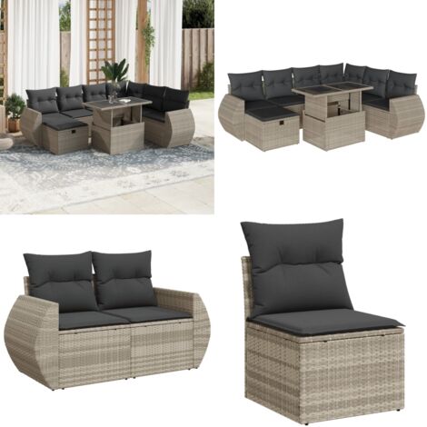 Set Divano da Giardino 8pz con Cuscini Grigio Chiaro Polyrattan - Poltrona da giardino - Tavolo da giardino