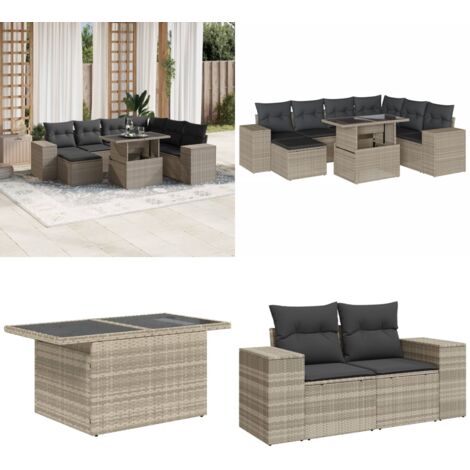 Set Divano da Giardino 8pz con Cuscini Grigio Chiaro Polyrattan - Poltrona da giardino - Tavolo da giardino