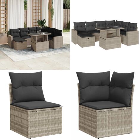 Set Divano da Giardino 8pz con Cuscini Grigio Chiaro Polyrattan - Poltrona da giardino - Tavolo da giardino