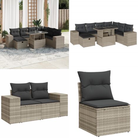 Set Divano da Giardino 8pz con Cuscini Grigio Chiaro Polyrattan - Poltrona da giardino - Tavolo da giardino