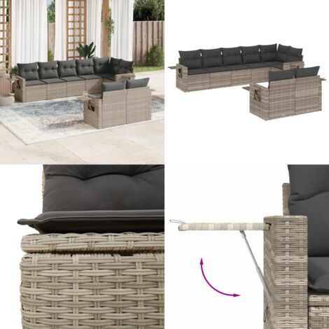 Set Divano da Giardino 8pz con Cuscini Grigio Chiaro Polyrattan - Poltrone da giardino - Cuscini da seduta