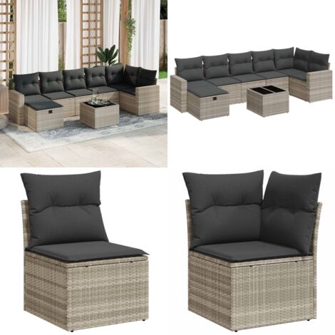 Set Divano da Giardino 8pz con Cuscini Grigio Chiaro Polyrattan - Poltrone da giardino - Sedute da esterno