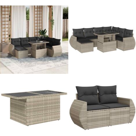 Set Divano da Giardino 8pz con Cuscini Grigio Chiaro Polyrattan - Seduta da esterno - Tavolo da giardino