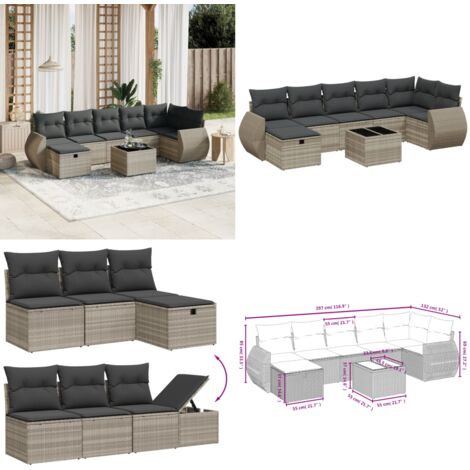 Set Divano da Giardino 8pz con Cuscini Grigio Chiaro Polyrattan - Seduta da esterno - Tavolo da giardino