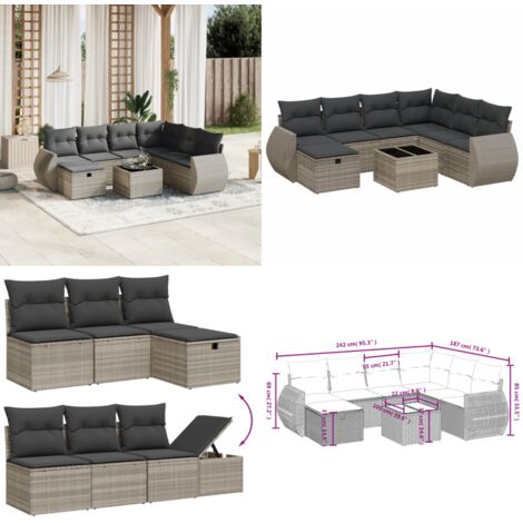 Set Divano da Giardino 8pz con Cuscini Grigio Chiaro Polyrattan - Seduta da esterno - Tavolo da giardino