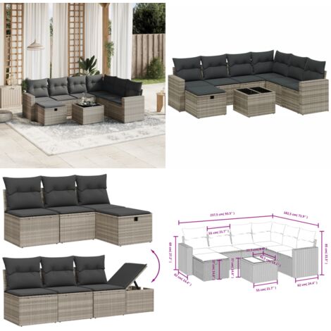 Set Divano da Giardino 8pz con Cuscini Grigio Chiaro Polyrattan - Seduta da esterno - Tavolo da giardino
