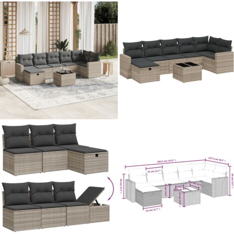 Set Divano da Giardino 8pz con Cuscini Grigio Chiaro Polyrattan - Seduta da esterno - Tavolo da giardino
