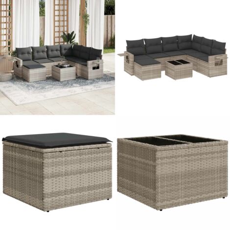 Set Divano da Giardino 8pz con Cuscini Grigio Chiaro Polyrattan - Seduta da esterno - Tavolo da giardino