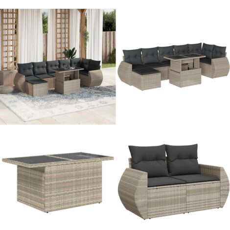 Set Divano da Giardino 8pz con Cuscini Grigio Chiaro Polyrattan - Seduta da esterno - Tavolo da giardino