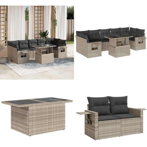 Set Divano da Giardino 8pz con Cuscini Grigio Chiaro Polyrattan - Sedute da esterno - Tavolo da giardino