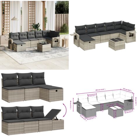 Set Divano da Giardino 8pz con Cuscini Grigio Chiaro Polyrattan - Sedute da esterno - Tavolo da giardino